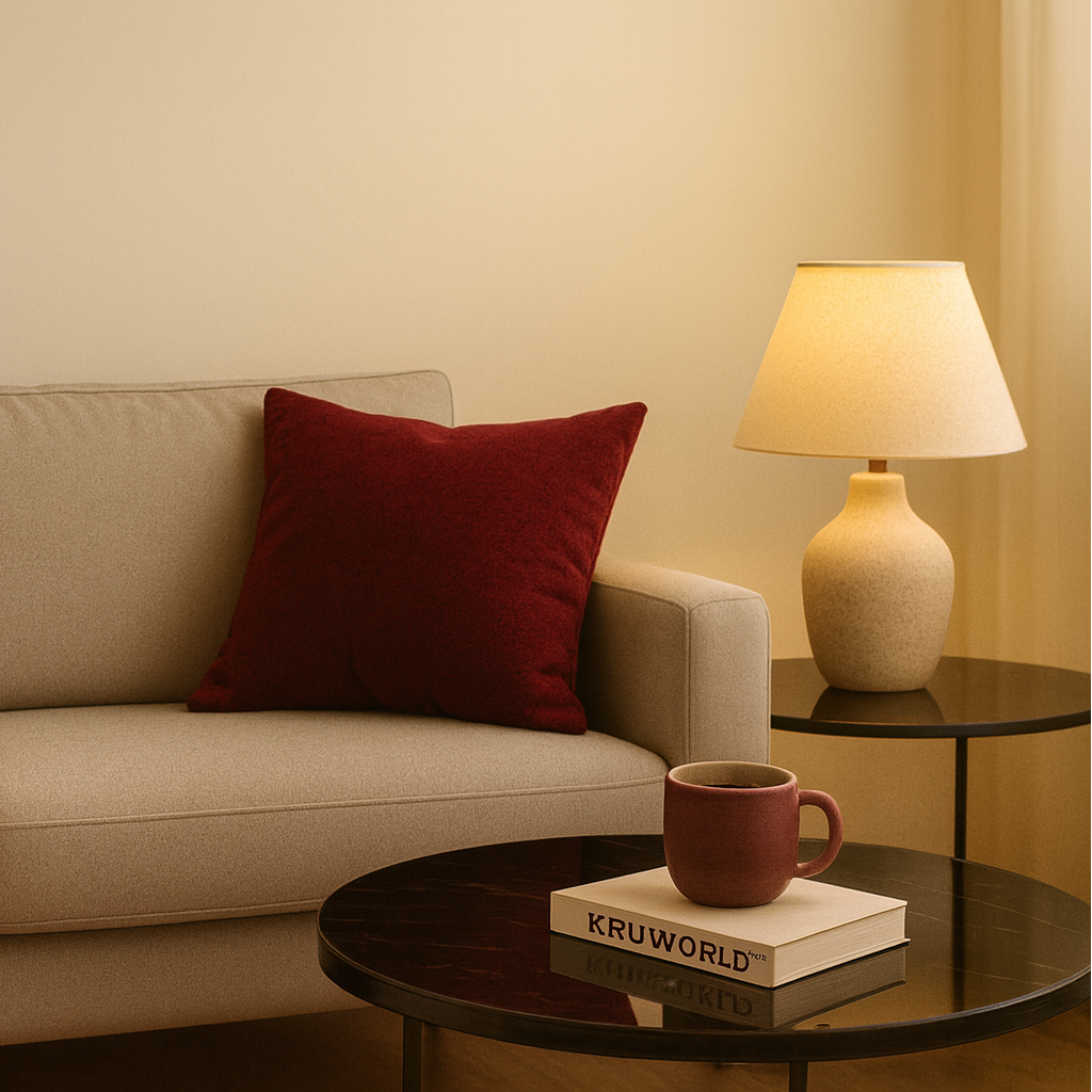 Beige sofa with a red pillow and blanket in a cozy living room setting.