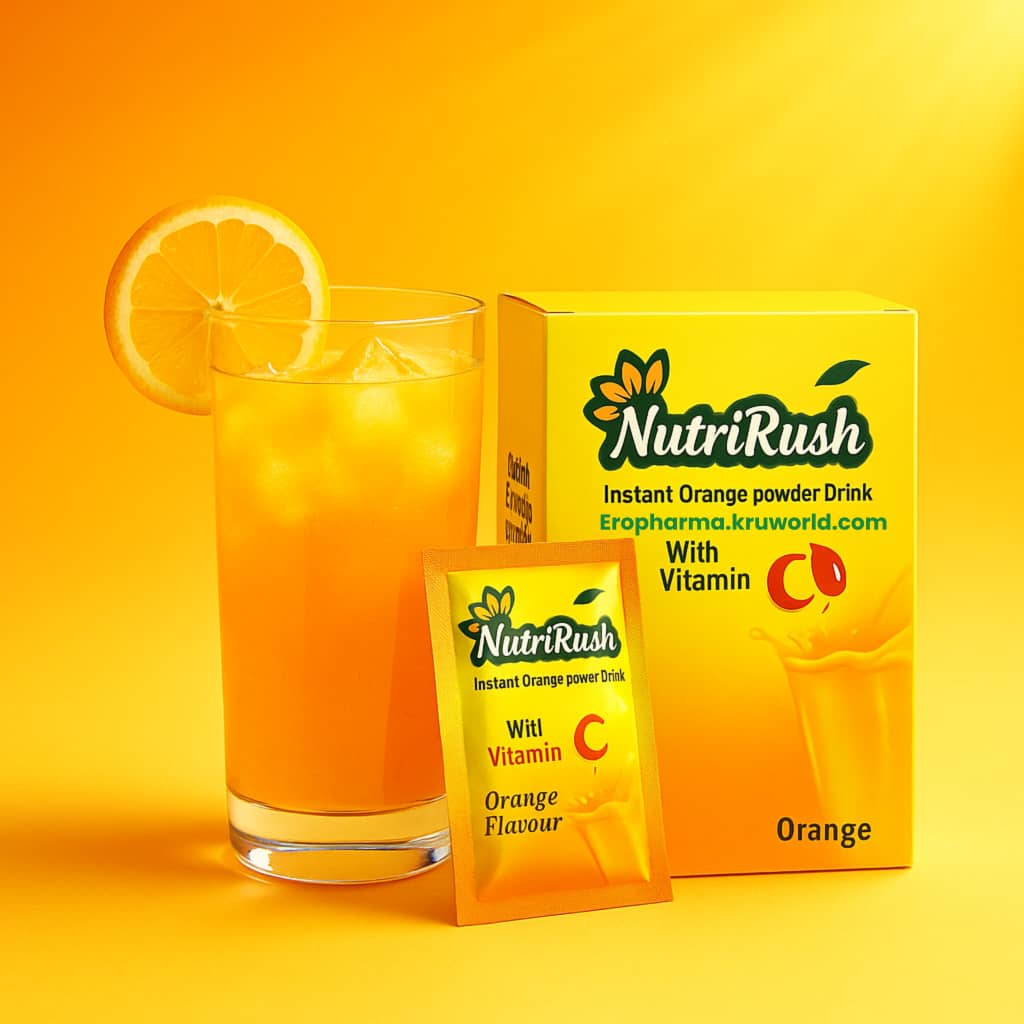 NutriRush instant orange powder drink with a glass of orange juice on an orange background
