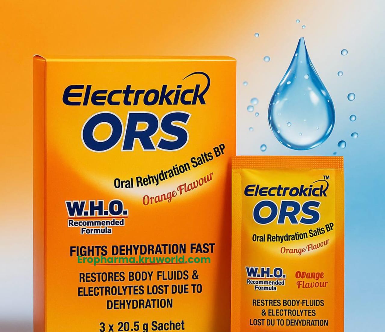 Electrokick ORS Oral Rehydration Salts packaging with a blue droplet on an orange and blue gradient background.