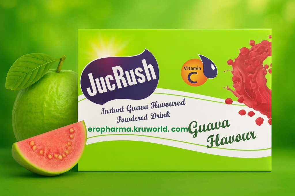 JucRush instant guava flavoured powdered drink box with a green guava and guava fruit slice on a green background