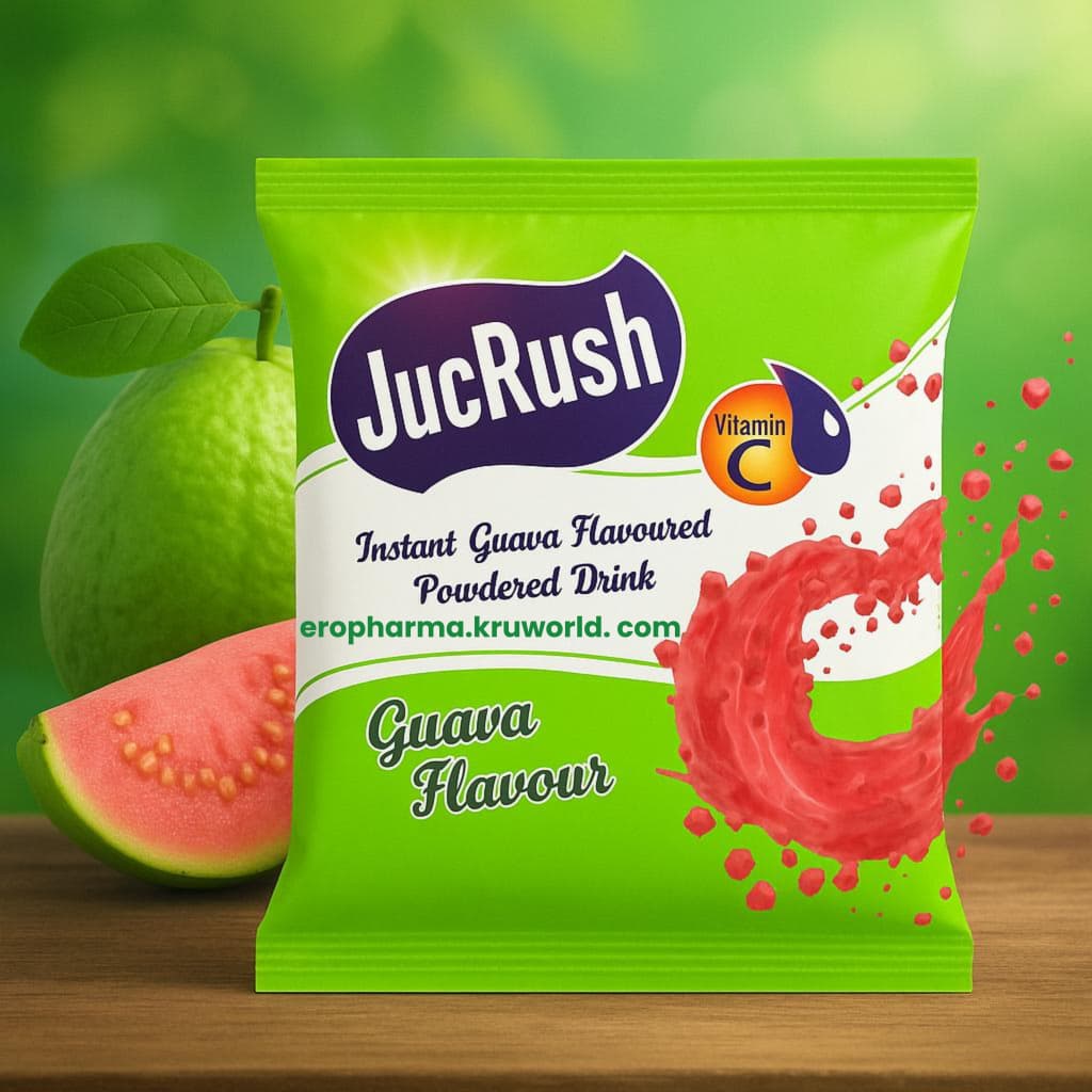 JucRush Guava Flavoured Powdered Drink package with guava fruit on a green background