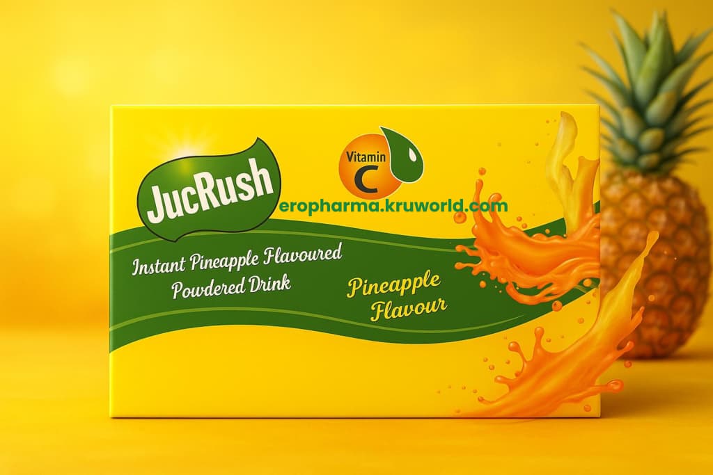JucRush instant pineapple-flavored powdered drink package with a pineapple on a yellow background