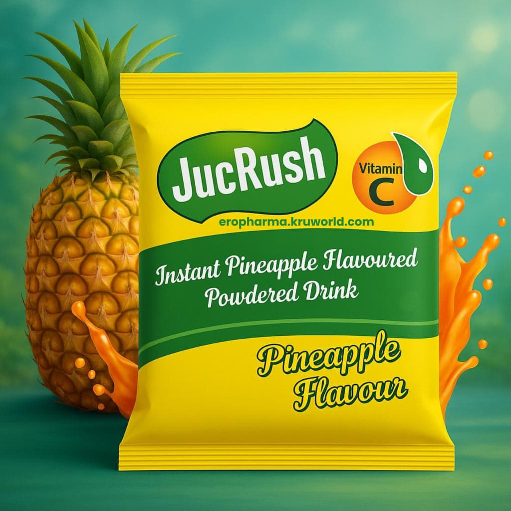 JucRush instant pineapple-flavored powdered drink package with a pineapple on a green background