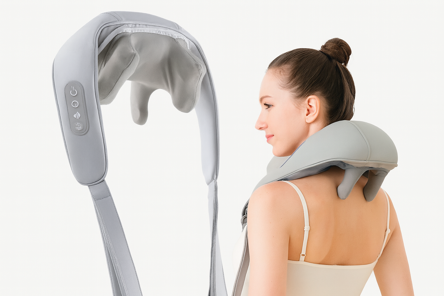Woman using a neck and shoulder massager on a white background