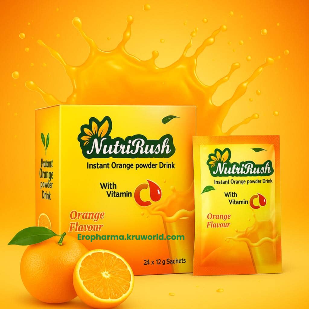 NutriRush Instant Orange Powder Drink packaging with oranges on an orange background