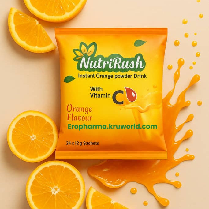 NutriRush instant orange powder drink package with oranges on a beige background